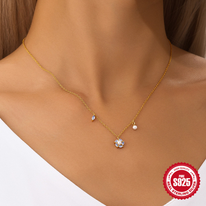 New S925 Sterling Silver Inlaid Diamond Zircon Snowflake Pearl Elegant Collarbone Chain Amazon Bestselling Christmas Versatile Necklace