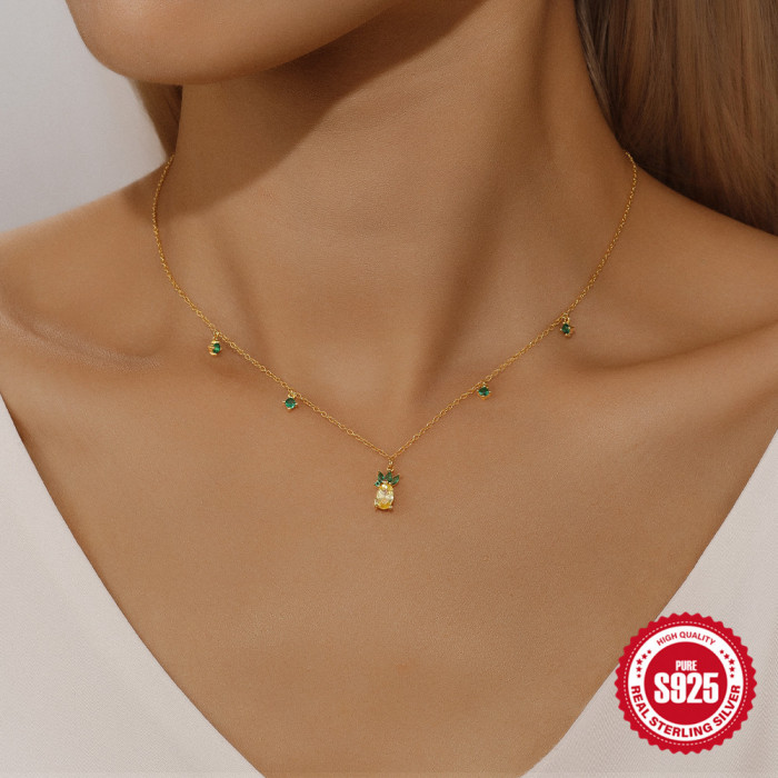 S925 Sterling Silver Summer Fruit Series Collarbone Chain European and American Hot-Selling Colorful Zircon Splicing Stackable Necklace Accessories