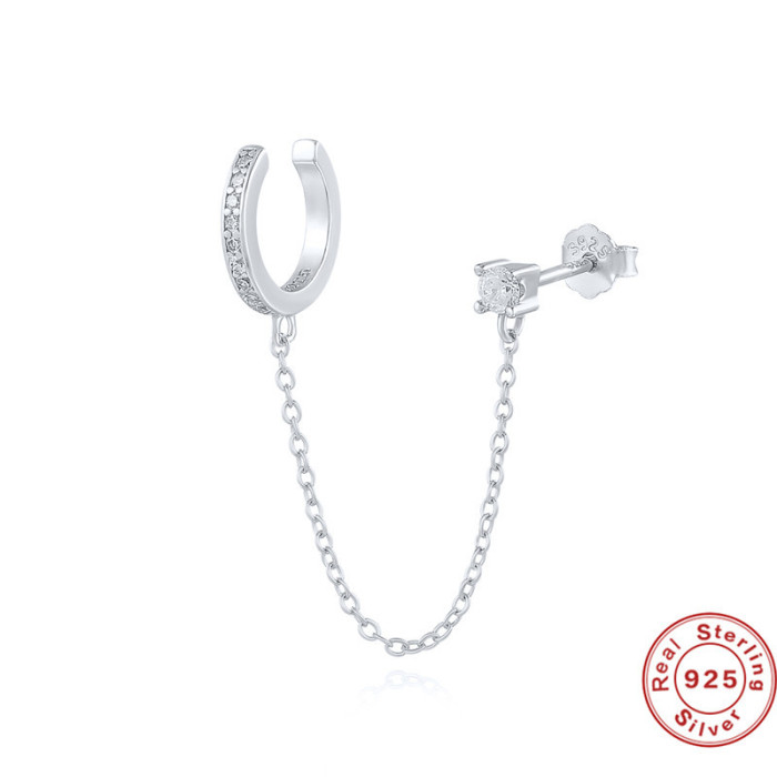 S925 Sterling Silver Single Row Stone-Studded Non-Pierced Ear Clip Tassel Single Stone Stud Earrings Creative Per...