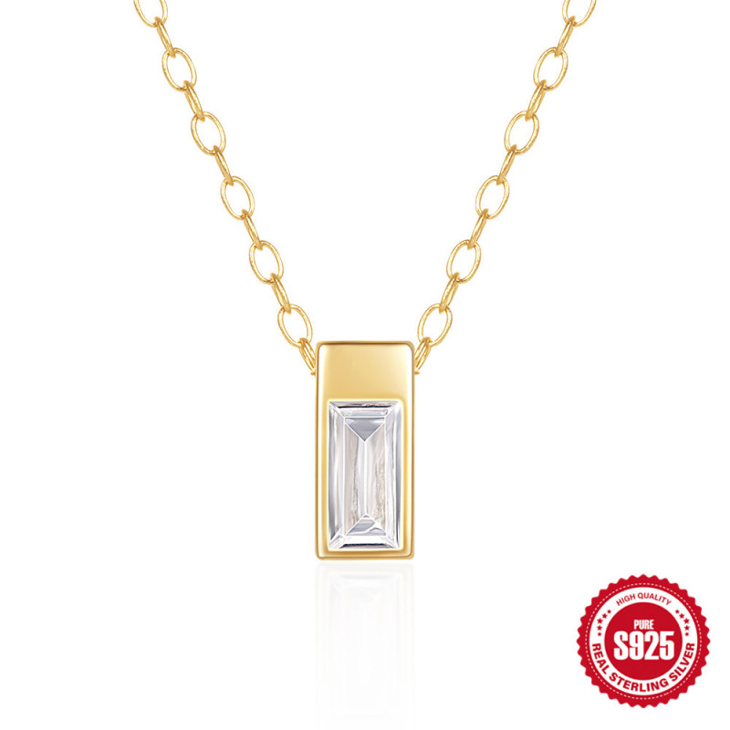 New 925 Silver Geometric Square Zircon Pendant Collarbone Necklace European and American High-end Light Luxury Simple Versatile Necklace