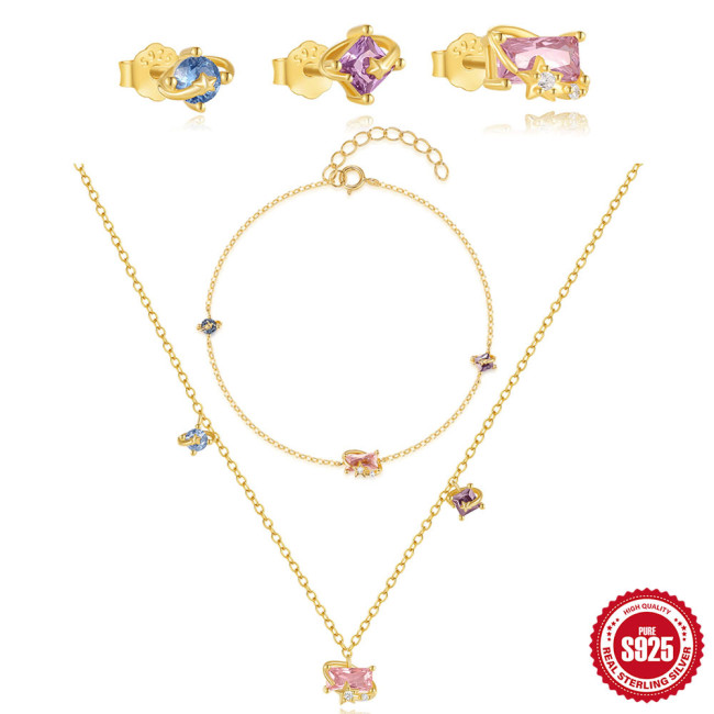 S925 Sterling Silver Candy Starry Sky Series Colored Diamond Necklace Bracelet Earrings Set Jewelry European and American Hot Selling INS Accessories