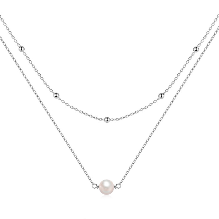 S925 Sterling Silver Elegant Double Layer Stacked Pearl Necklace for Women, European and American Hot Selling Ins Light Luxury Round Bead Collarbone Chain