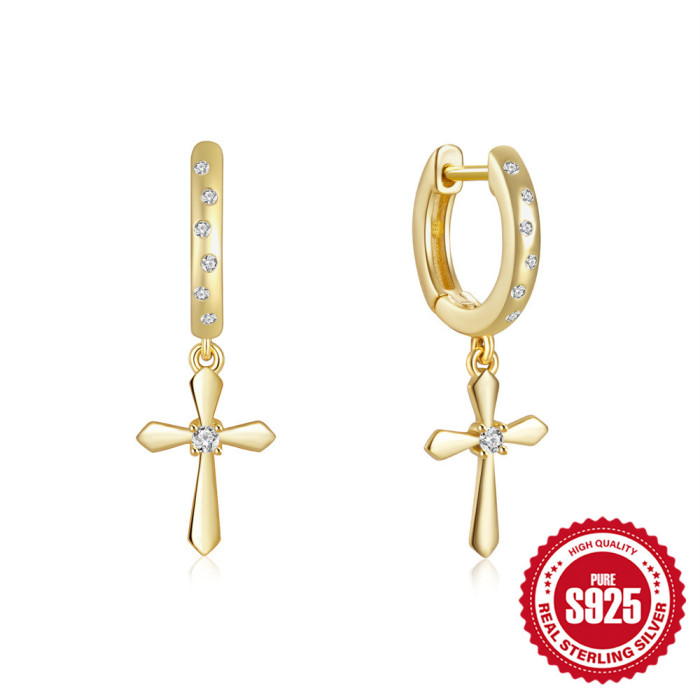 New S925 Sterling Silver Cross Inlaid Diamond Hoop Earrings Ear Clips Earrings European and American Hot Sale Personality Ins Minimalist Style Earrings