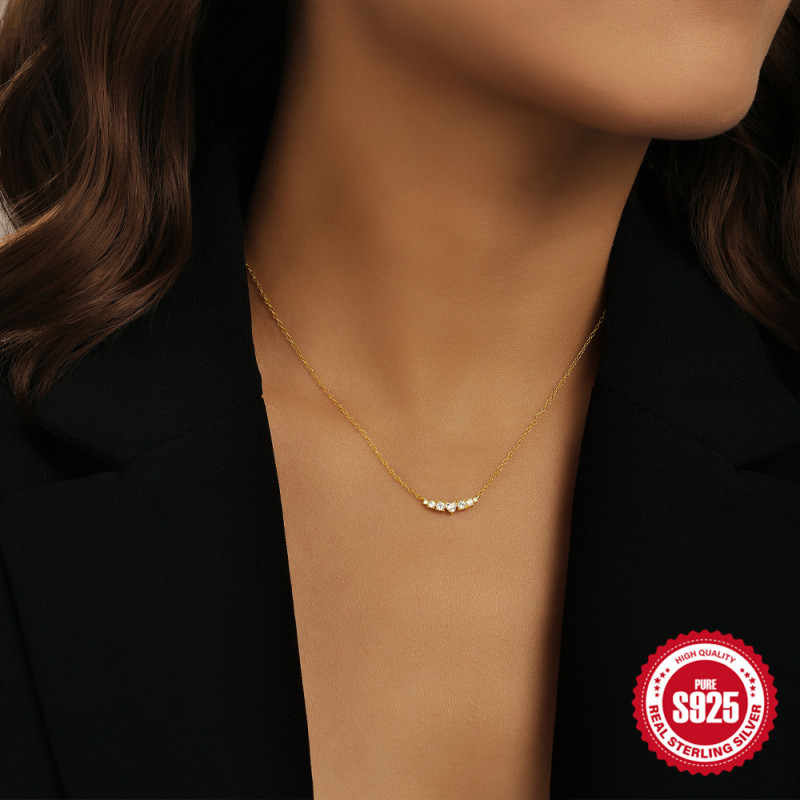S925 Sterling Silver Straight Row Zircon Matching Heart Pendant Clavicle Chain European and American Hot Selling Temperament french Style All-Match Necklace