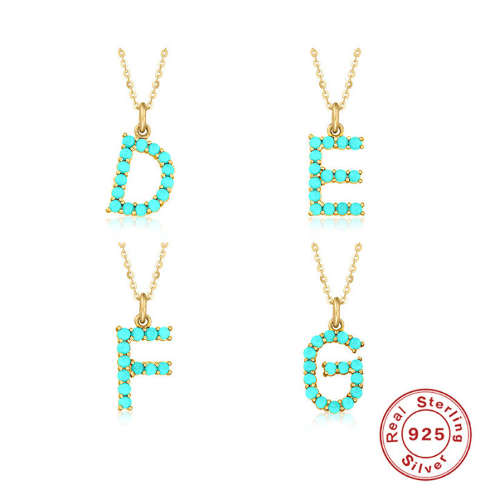 S925 Sterling Silver 26 Letter Necklace Style High-end Natural Turquoise Initial Letter Necklace Collarbone Chain