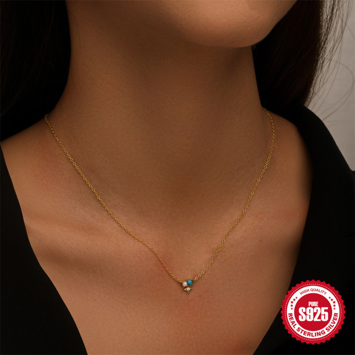 S925 Sterling Silver Turquoise Light Luxury Necklace for Women, Niche Design with Pearls, Simple Trendy French Style, Elegant and High-end Clavicle Chain