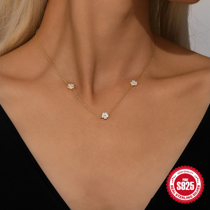 S925 Sterling Silver Heart Stone-Inlaid Petal Necklace Earrings Ring Set Hot-Selling Jewelry Set for Women