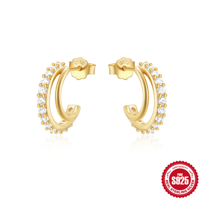 925 Sterling Silver C-Shaped Wave Single Row Stone-Studded Earrings Hoop Earrings Hot-Selling Classic Versatile Irr...