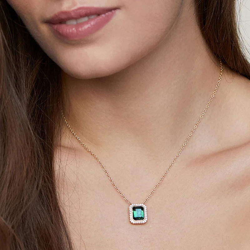 S925 Sterling Silver Rectangular Green Diamond Pendant Collarbone Chain European and American French Style Creative Versatile Layered Necklace Accessory