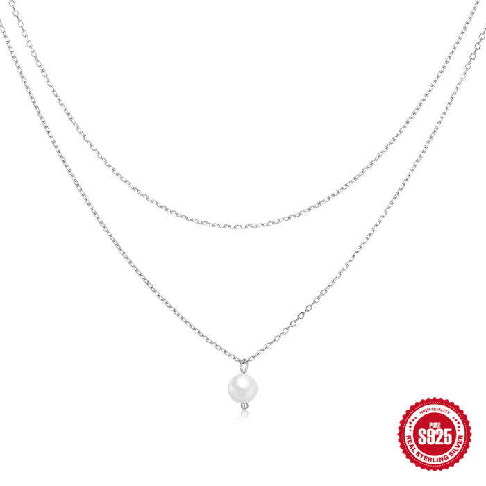 S925 Sterling Silver Daily Matching Double Layer Pearl Necklace Fashion Ins Style Temperament Clavicle Chain Cross Bo...