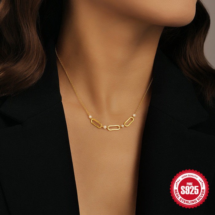 S925 Sterling Silver Oval Hollow Pearl Necklace for Women European and American INS Style Foreign Trade French Style Design Sense Choker Accessories