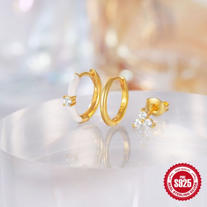 S925 Sterling Silver Enamel Oil Drop Stone-Inlaid Daily Versatile Hoop Earrings Set Hot Selling INS Earrings, Jewel...
