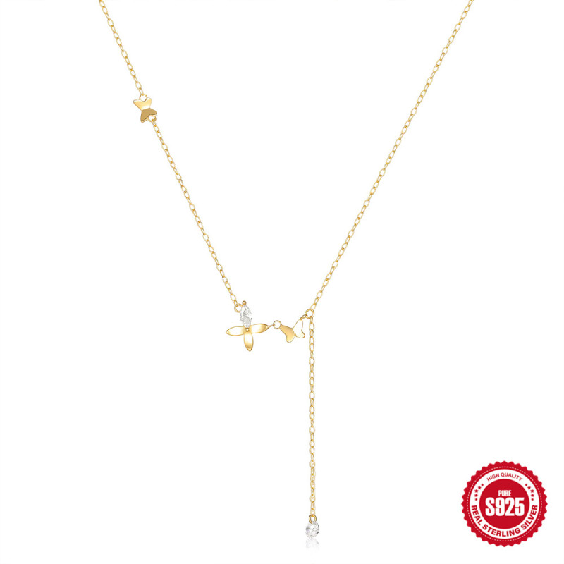 S925 Sterling Silver Large and Small Butterfly Inlaid Diamond Collarbone Necklace European and American Fashion Simple Ins Style Collarbone Chain Pendant Cross-Border