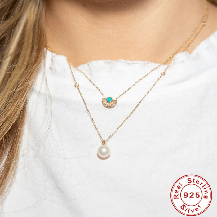 S925 Sterling Silver INS Style Turquoise Diamond Fan-shaped Versatile Necklace European and American Hot-selling French Style Light Luxury Collarbone Chain