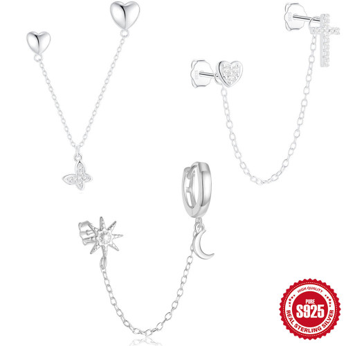 S925 Sterling Silver Star Moon Tassel Chain Inlaid Diamond Earrings Korean Style Heart Niche Design Shiny Silver Earrings for Women