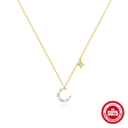 Hot Selling S925 Sterling Silver Irregular Crescent Necklace Korean Version Niche Design Sense Diamond-Studded Collarbone Chain Pearl Necklace Jewelry