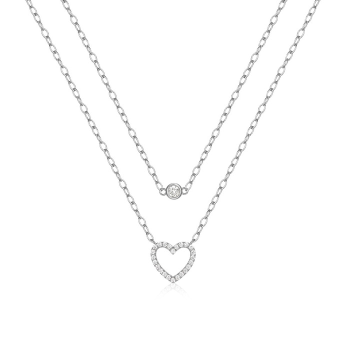 S925 Sterling Silver Double Layer Stacked Diamond Heart Necklace European and American Fashion Trendy Ins Style Street Style Collarbone Chain Necklace