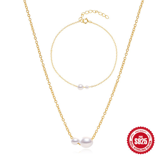 S925 Sterling Silver Pearl Sliding Necklace Bracelet Set Korean Version Ximia Retro Style Necklace Bracelet Jewelry for Women