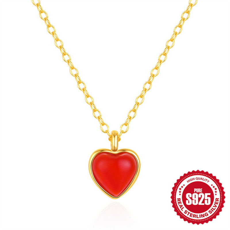 New 925 Sterling Silver Agate Necklace Heart-shaped Peach Heart Love Pendant Clavicle Chain Japanese and Korean Niche Design Accessories
