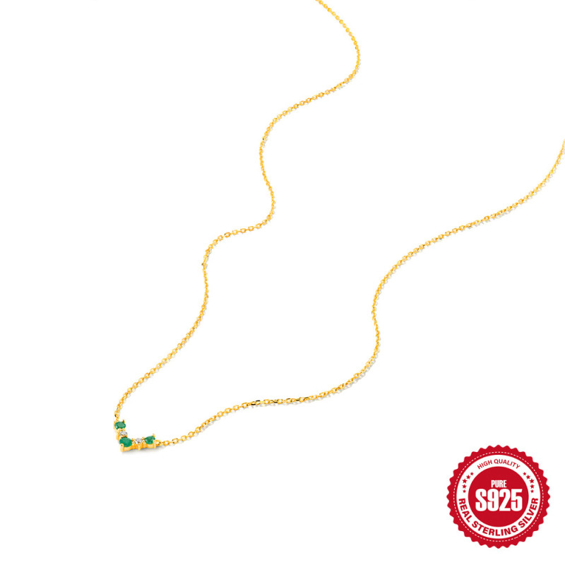 S925 Sterling Silver Gold-Plated Emerald Zircon Necklace European and American Simple Ins Style Design Heart-Shaped Collarbone Chain Choker