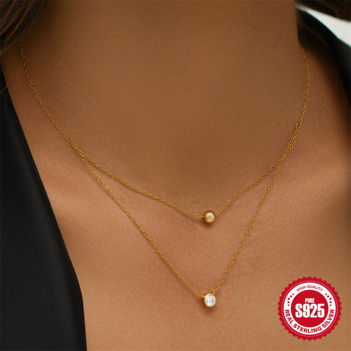 925 Sterling Silver Double Layer Stacked Single Diamond Versatile Trendy Women's Collarbone Necklace European Hot Selling Fashion Ins Style Necklace