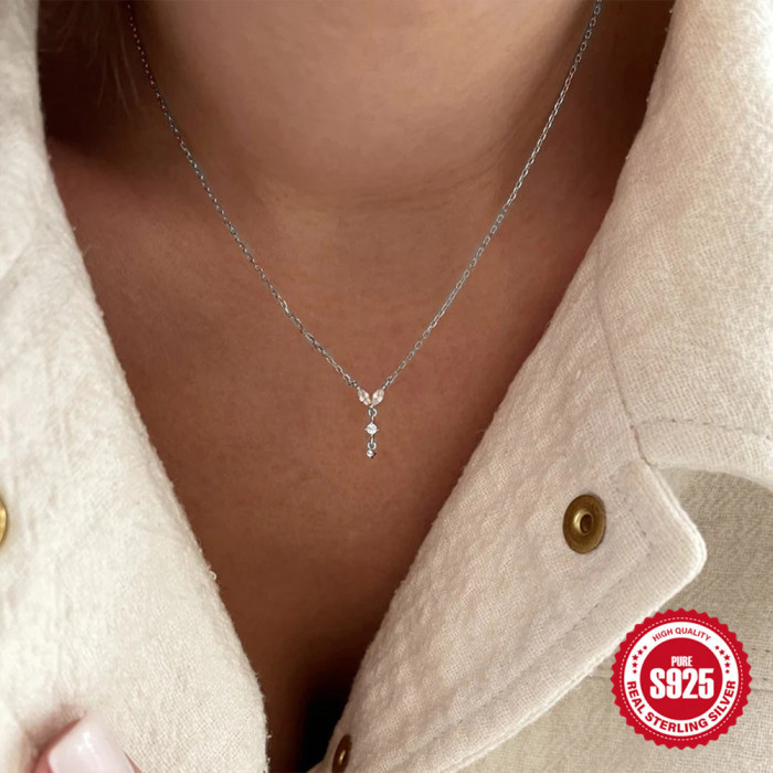 S925 Sterling Silver Marquise Stone-Studded Elegant Collarbone Necklace Hot-Selling INS Niche High-End Style Collar...