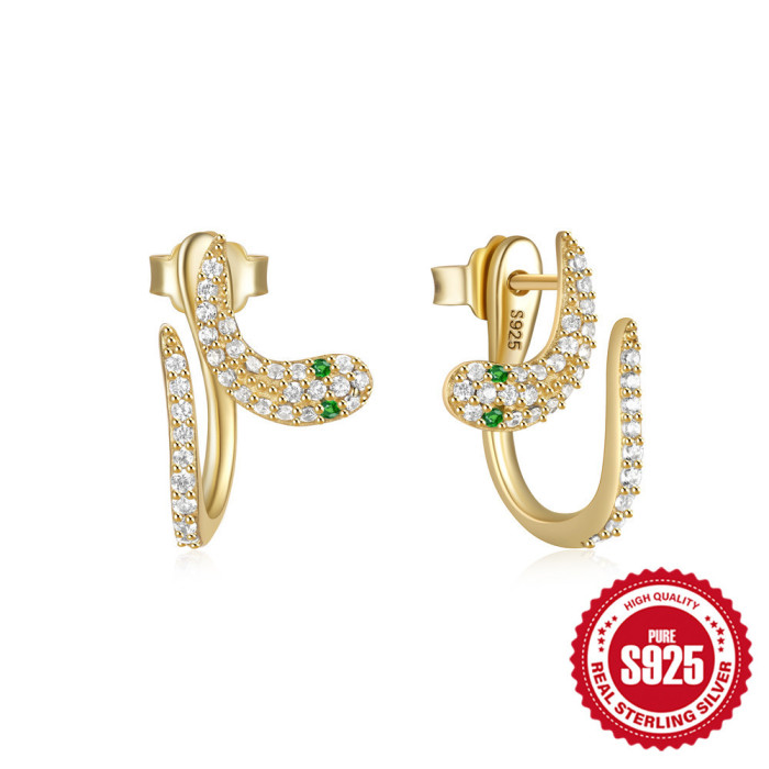 New 925 Sterling Silver Creative Irregular Stone-Studded Snake-Shaped Hoop Earrings Stud Earrings Fashion Hot-Selli...