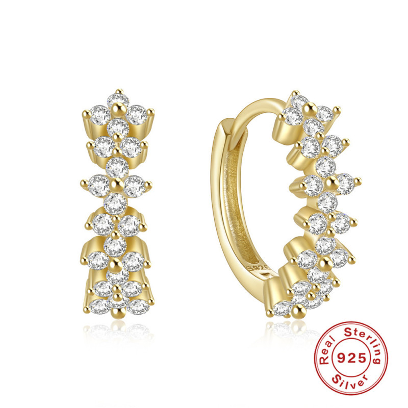 S925 Sterling Silver Ultra Shiny Single Row Petal Inlaid Diamond Hoop Earrings for Women, European and American Style, Hot Selling High-end Earrings