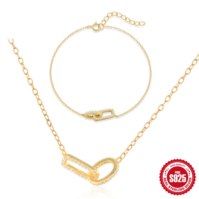 S925 Sterling Silver Cross Double Buckle Single Row Diamond Necklace Bracelet Jewelry Set Cross-Border Hot Selling Versatile Elegant Accessories