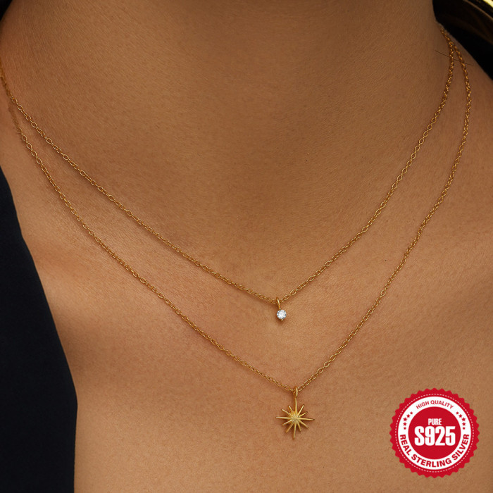 S925 Sterling Silver Double Layer Niche Design Star Zircon Collarbone Chain European and American Hot Selling Layered Light Luxury Inlaid Diamond Necklace for Women