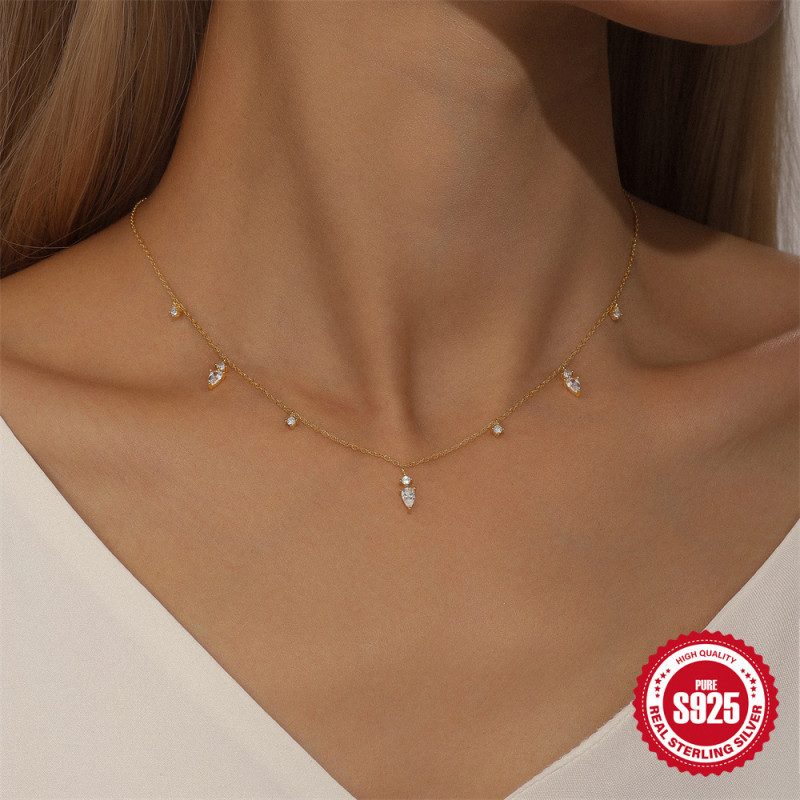 New 925 Sterling Silver Water Drop Diamond-Studded Layered Collarbone Necklace European and American Hot-Selling Light Luxury High-End Versatile Necklace for Women