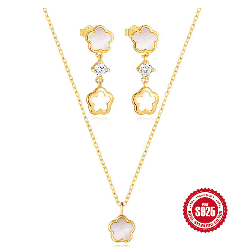 S925 Sterling Silver Petal White Shell Elegant Diamond-Studded Collarbone Necklace Hollow Earrings Set European and American Hot-Selling Versatile Jewelry
