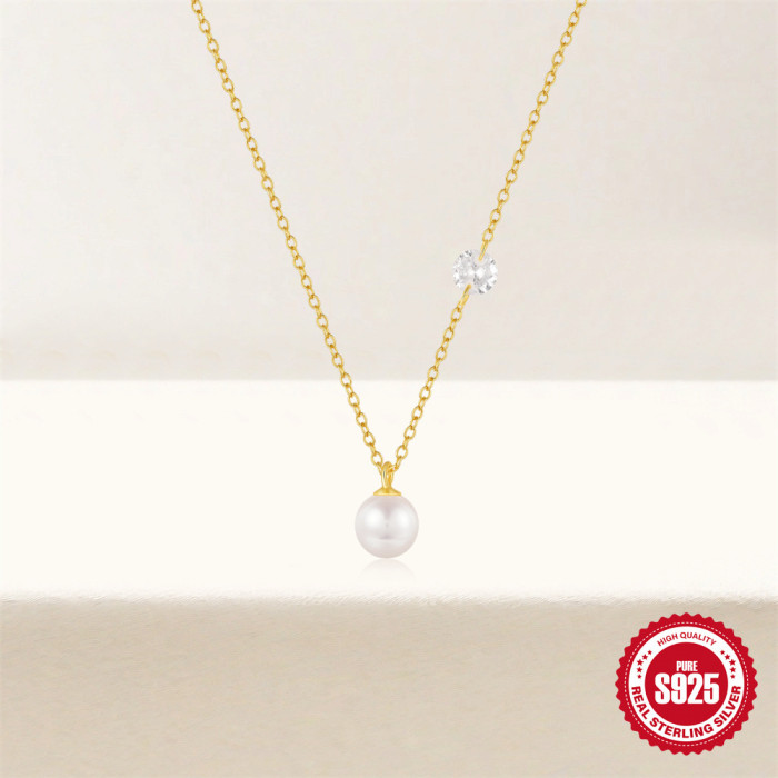 S925 Sterling Silver Single Diamond Inlaid Pearl Elegant French Style Collarbone Chain European and American Cross-Border Hot-Selling Niche High-End Necklace