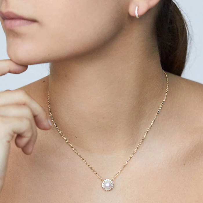 S925 Sterling Silver Round Diamond-Studded Pearl Pendant Collarbone Chain Korean and Japanese Niche High-End Versatile Layered Necklace Accessories