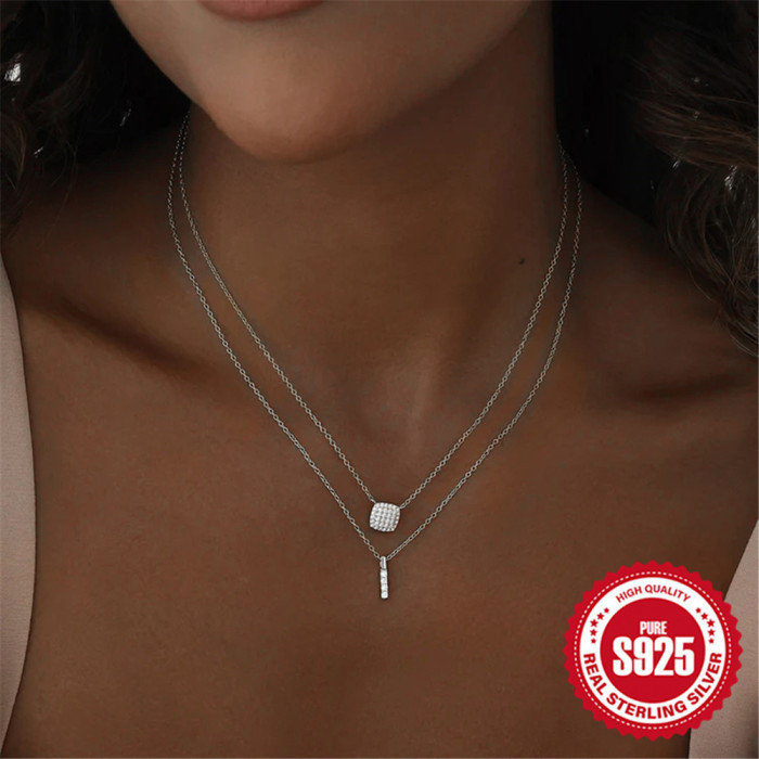 S925 Sterling Silver Square Stone Full Diamond Pendant Clavicle Chain Accessory European and American Hot-Selling New Design Ins Square Necklace