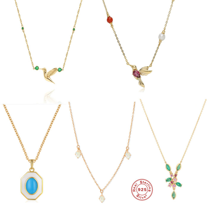 S925 Sterling Silver Inlaid Diamond Opal Turquoise Hummingbird Pendant Necklace European and American Hot-Selling Trendy Coral Collarbone Chain Necklace Jewelry