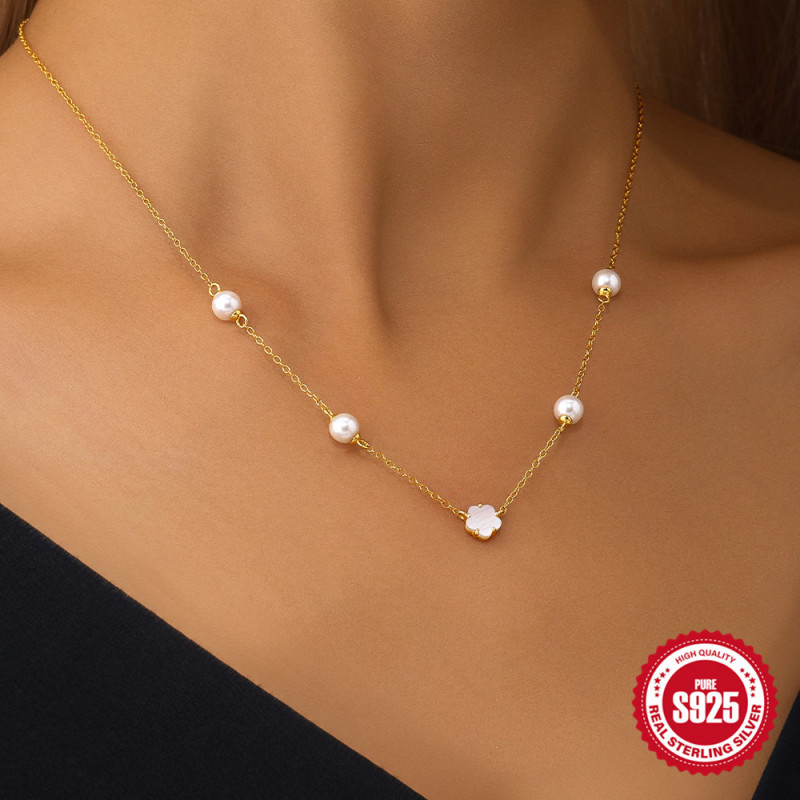 S925 Sterling Silver Pearl Five-Petal Flower White Shell Elegant Necklace Bracelet Set Korean Version Niche High-End Feel Jewelry Accessories