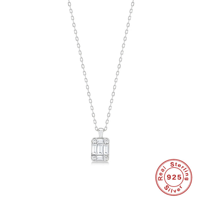S925 Sterling Silver Square Pendant with Stone-Inlaid Elegant Commuting Collarbone Necklace Fashion Simple Ins Sty...