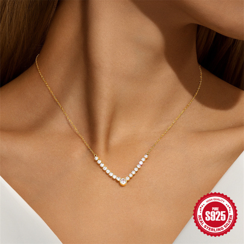New S925 Sterling Silver Single Row Diamond-Studded Round Collarbone Chain European and American Bestselling Classic Elegant Versatile High-End Necklace