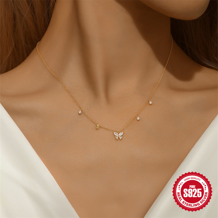 925 Sterling Silver Hot-Selling Butterfly Diamond-Studded Layered Women's Collarbone Chain European and American Cross-Border Hot-Selling INS Style Elegant Necklace
