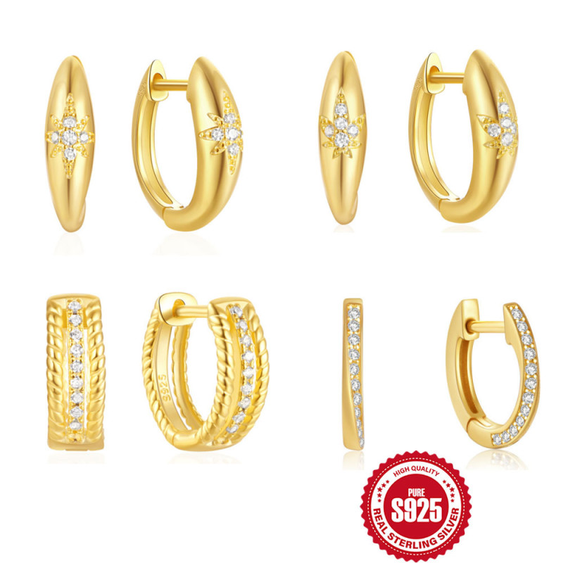 925 Sterling Silver Minimalist Leaf Geometric Inlaid Diamond Simple Hoop Earrings European and American Cross-Border Hot-Selling Niche High-End Earrings