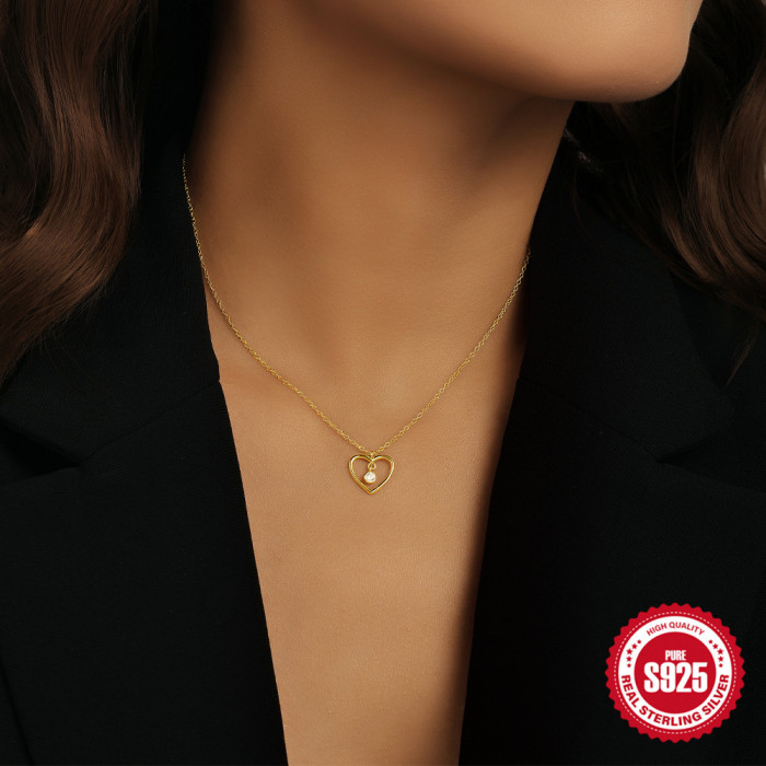 S925 Sterling Silver Heart-Shaped Hollow Peach Heart Pendant Necklace for Women European and American Style Inlaid with Zircon Classic Fashion Collarbone Chain for Women