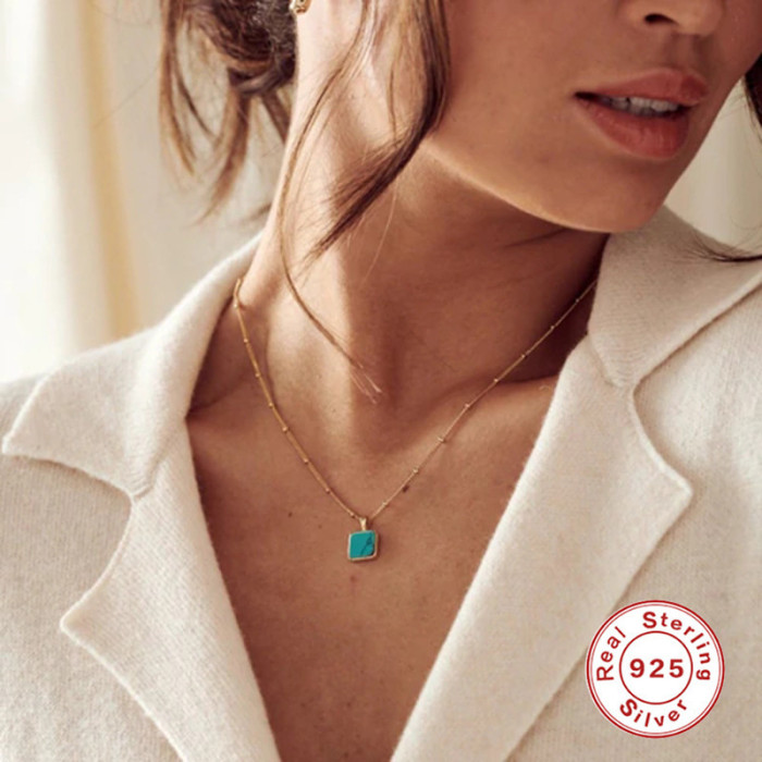 S925 Sterling Silver Square Natural Stone Pendant Collarbone Necklace European and American Hot Sale Agate Malachite Pendant Collarbone Chain for Women