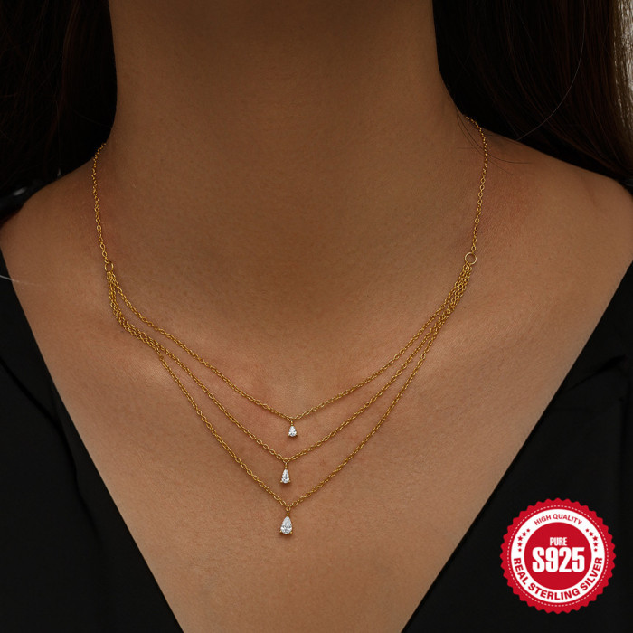 New S925 Sterling Silver High-End Water Drop Inlaid Diamond Three-Layer Stacking Necklace for Women, European and American Hot-Selling Elegant Versatile Collarbone Chain