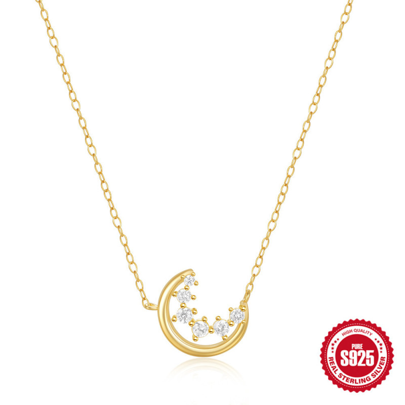 New S925 Sterling Silver Crescent Moon Diamond-Studded Layered Women's Collarbone Necklace European and American AliExpress Hot-Selling Niche Collarbone Chain