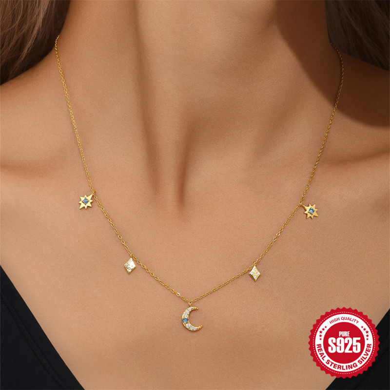 S925 Sterling Silver Star Moon Inlaid Opal Layered Necklace Adjustable Ring Set European and American Cross-Border Hot-Selling Jewelry