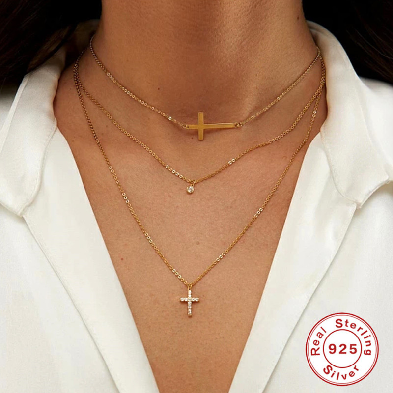 S925 Sterling Silver Double Layer Cross Star Moon Inlaid Diamond Pearl Necklace for Women Elegant Heart Paperclip Collarbone Chain