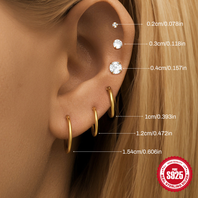 S925 Sterling Silver Simple Fashion Multi-size Hoop Earrings Stud Set European and American Hot-selling Diamond-studded Elegant High-end Earrings