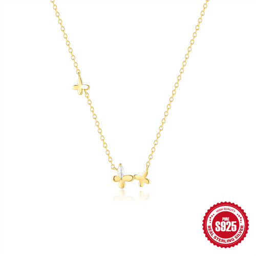S925 Sterling Silver Creative Butterfly Inlaid Diamond Light Luxury Elegant Collarbone Necklace Korean Version Niche High-end Design Sense Necklace for Women