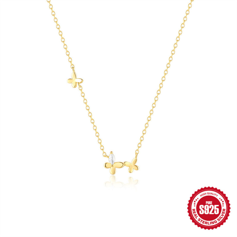 S925 Sterling Silver Creative Butterfly Inlaid Diamond Light Luxury Elegant Collarbone Necklace Korean Version Niche High-end Design Sense Necklace for Women